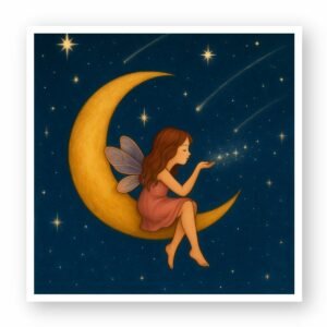 Autocollant Carré - Fée sur Croissant de Lune